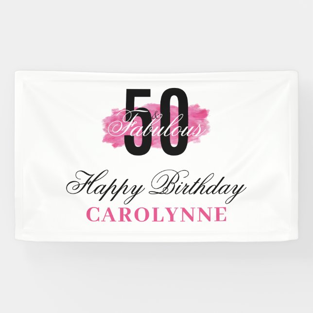 Hot Pink 50 and Fabulous Watercolor Birthday Banner (Horizontal)