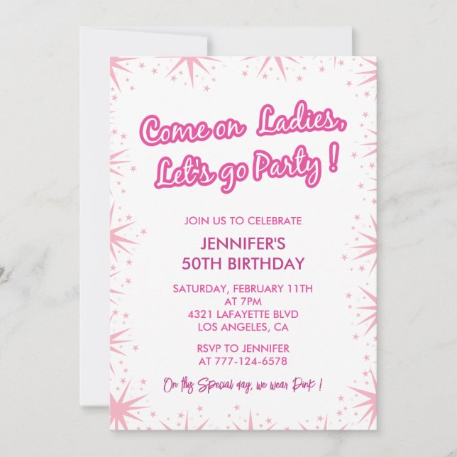 Hot pink 50th birthday invitations sparkle glam  (Front)