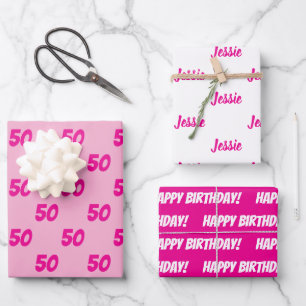 HOT PINK 50th Happy Birthday Custom Name Wrapping Paper Sheets