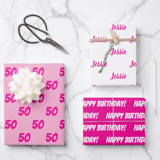HOT PINK 50th Happy Birthday Custom Name Wrapping Paper Sheets (Front)