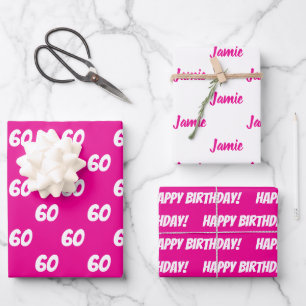 HOT PINK 60th Happy Birthday Custom Name Wrapping Paper Sheets