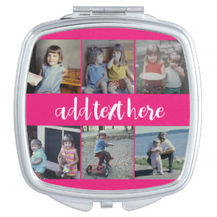 Hot Pink - 6 Photo Collage - White Custom Script Compact Mirror