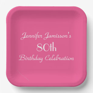 Hot Pink, 80th Birthday Party, Name, Simple Square Paper Plates