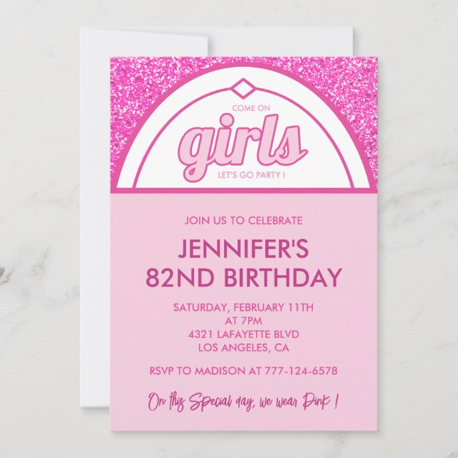 Hot Pink 82nd birthday invitations Glitter Girl (Front)