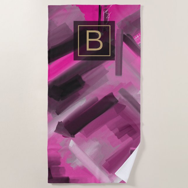 Hot Pink Abstract Art Painting & Typography Beach Towel (Front)