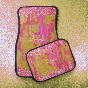 Hot Pink Abstract Faux Drip Glitter Personalized Car Floor Mat