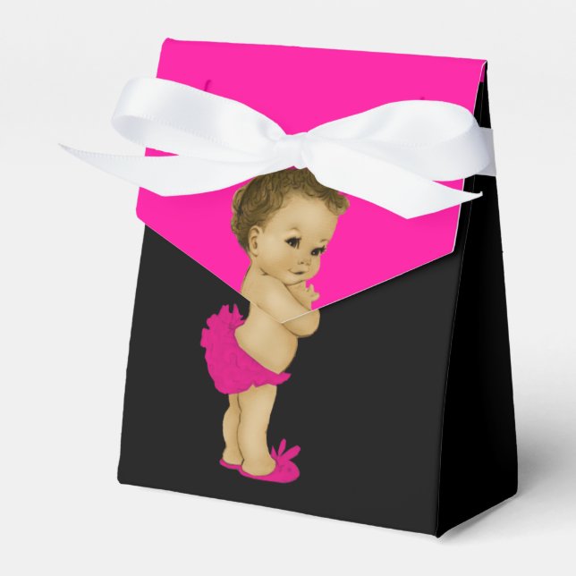 Hot Pink African American Baby Girl Shower Favor Boxes (Front Side)