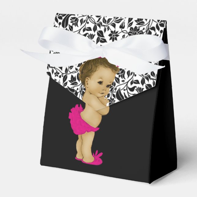 Hot Pink African American Baby Girl Shower Favor Boxes (Front Side)