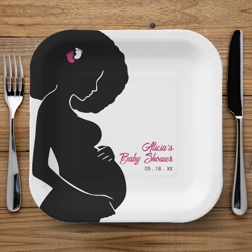 Hot Pink African American Girl Baby Shower Paper Plates