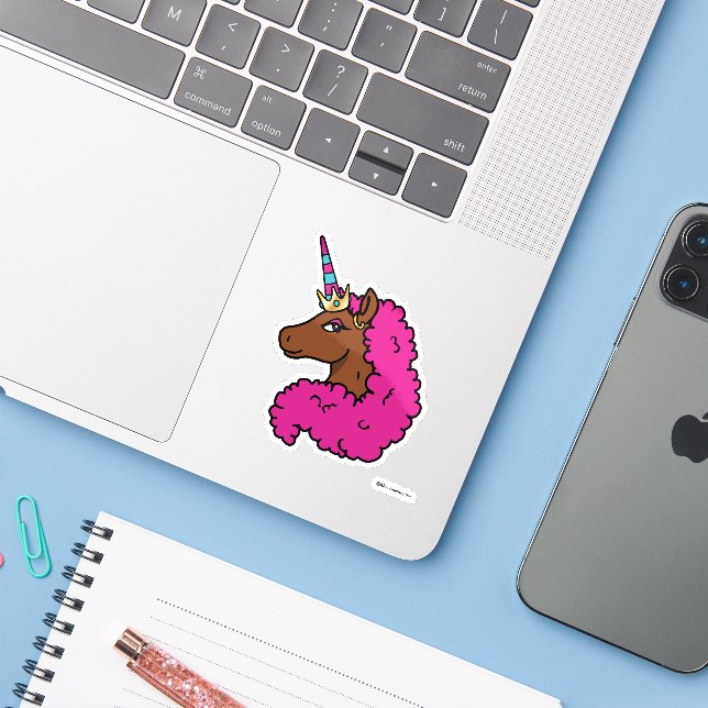 Hot Pink Afro Unicorn Sticker (Laptop w/ iPhone)