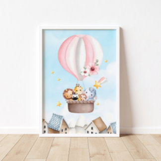 Hot Pink Air Ballon Safari Animals Poster