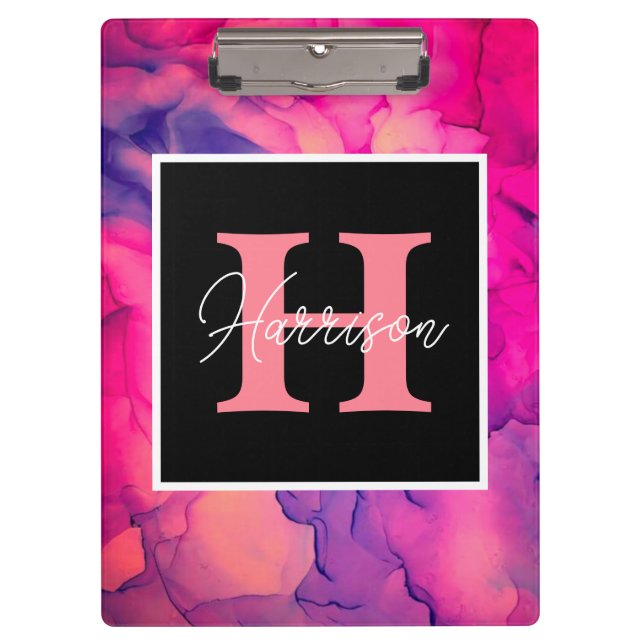 Hot Pink Alcohol Ink Monogram For her Clipboard (Front)