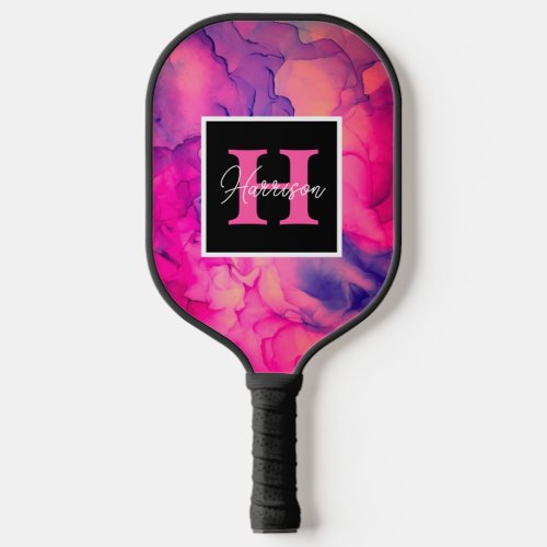 Hot Pink Alcohol Ink Monogram Personalized  Pickleball Paddle