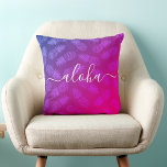 Hot Pink Aloha Script Pineapple Pattern Tropical Throw Pillow<br><div class="desc">“Aloha”. Bring a bit of Hawaiian island hospitality into your home with this brightly colored, chic, striking, stylish, modern throw pillow. White, handwritten script typography overlays a graphic, pineapple pattern in a vivid hot pink and purple ombre. Makes a fun and stylish statement every time you relax on it. A...</div>