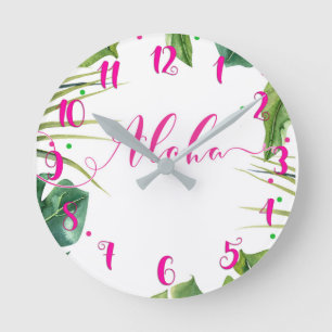 Hot Pink ALOHA Tropical Leaves Botanical Round Clock