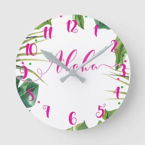 Hot Pink ALOHA Tropical Leaves Botanical Round Clock