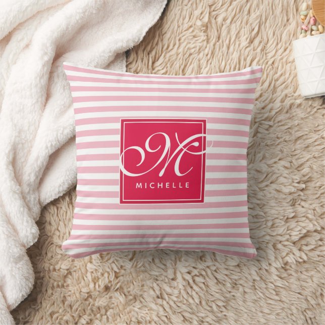 Hot Pink and Baby Pink Striped - Script Monogram Throw Pillow (Blanket)
