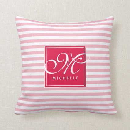 Hot Pink and Baby Pink Striped - Script Monogram Throw Pillow