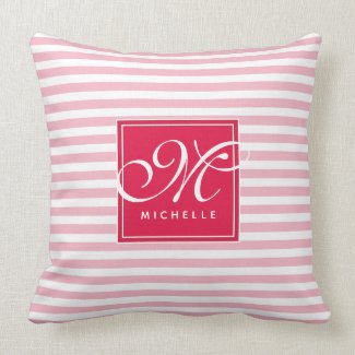 Hot Pink and Baby Pink Striped - Script Monogram Throw Pillow