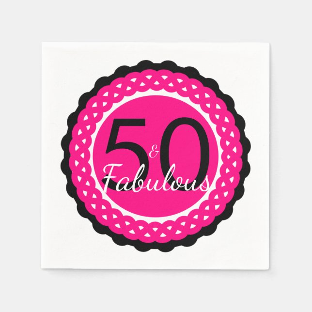 Hot Pink and Black 50 & Fabulous Birthday Party Paper Napkins (Front)