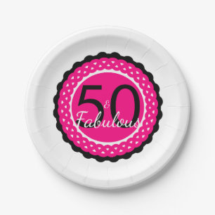 Hot Pink and Black 50 & Fabulous Birthday Party Paper Plates