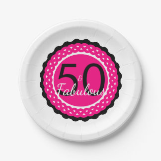 Hot Pink and Black 50 & Fabulous Birthday Party Paper Plates