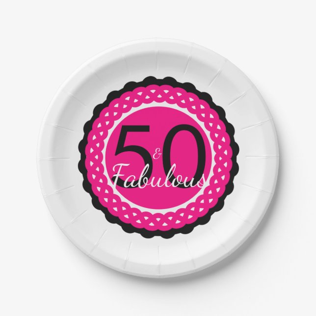 Hot Pink and Black 50 & Fabulous Birthday Party Paper Plates (Front)