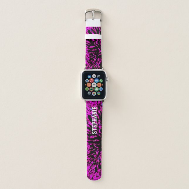 Hot Pink and Black Abstract Personalized Name Apple Watch Band (Front)