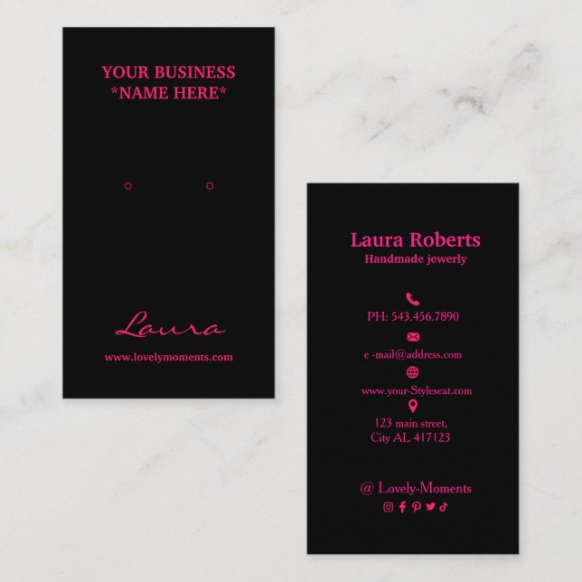 Hot Pink and Black Add your logo earring display Business Card (Front/Back)