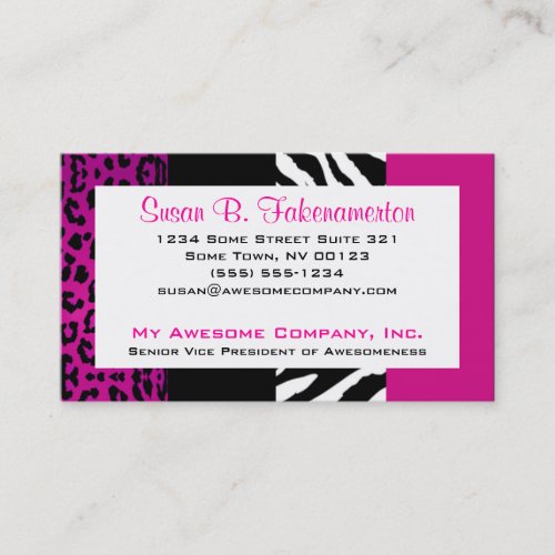 Hot Pink and Black Animal Print Zebra and Leopard Business Card Templates