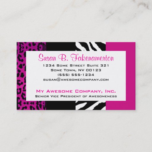 Customizable Hot Pink and Black Animal Print Zebra and Leopard Business Card Templates