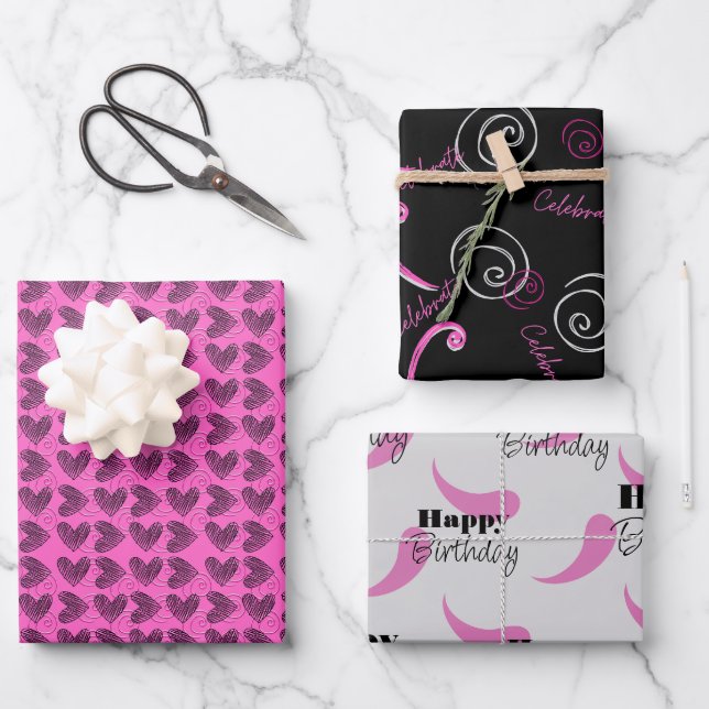 Hot pink and Black birthday wrapping paper sheets (Front)