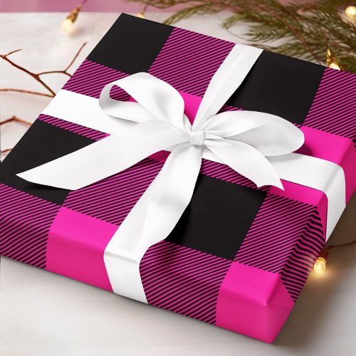 Hot Pink and Black Buffalo Plaid Christmas Wrapping Paper