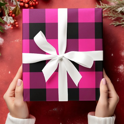Hot Pink and Black Buffalo Plaid Christmas Wrapping Paper Sheets