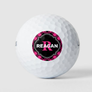 Hot Pink and Black Buffalo Plaid Name Monogram Golf Balls