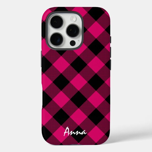 Hot Pink and Black Buffalo Plaid Personalized Case-Mate iPhone Case (Back)