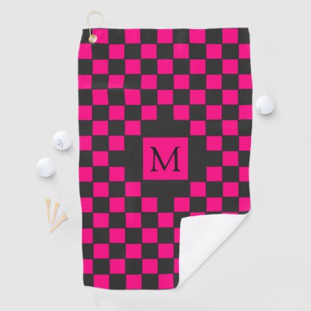 Hot Pink And Black Checkerboard Pattern Monogram Golf Towel