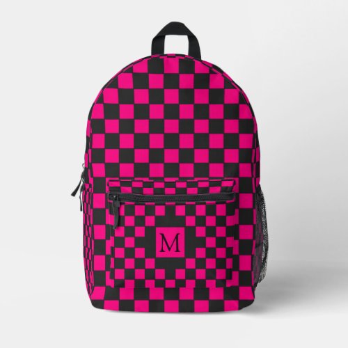 Hot Pink and Black Checkerboard Pattern Monogram Printed Backpack