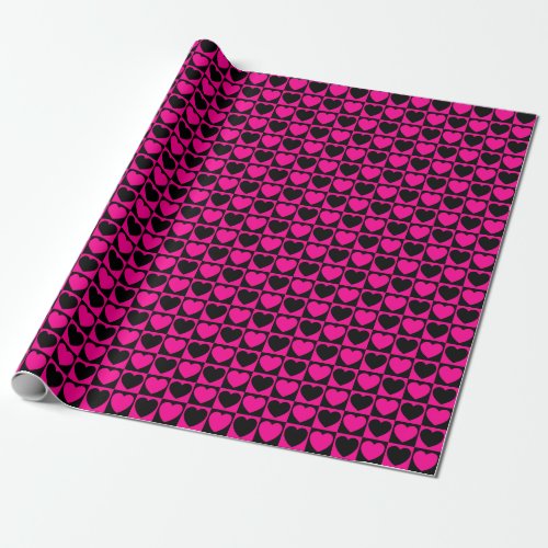 Hot Pink and Black Checkered Pattern With Hearts Wrapping Paper