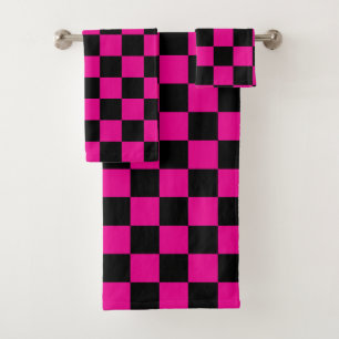 Hot Pink and Black Checkered Print Bath Towel Set