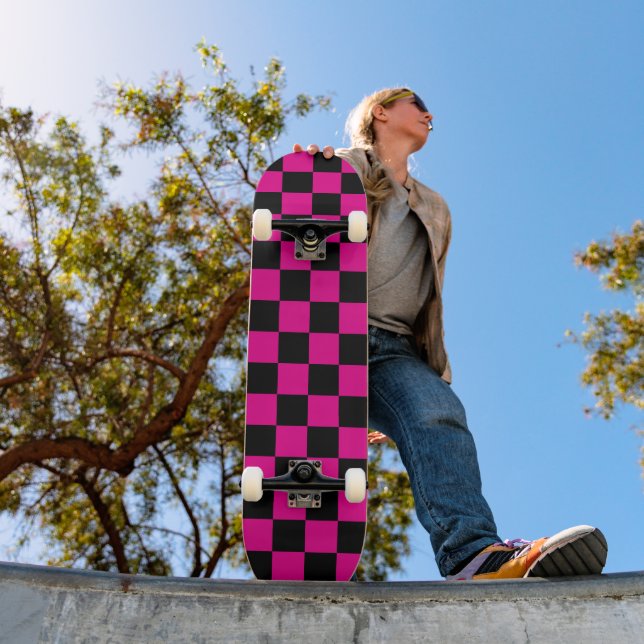 Hot Pink and Black Checkered Print  Skateboard (Outdoor 1)