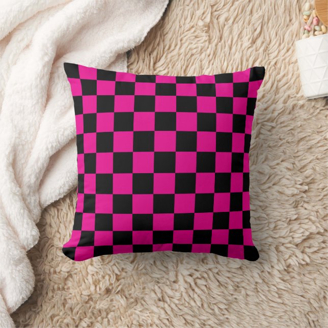 Hot Pink and Black  Checkered Print Throw Pillow (Blanket)