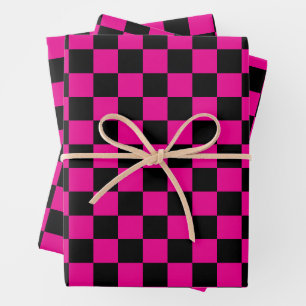 Hot Pink and Black Checkered Print Wrapping Paper Sheets
