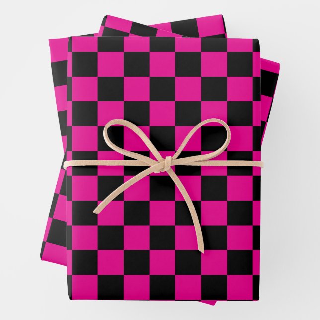 Hot Pink and Black  Checkered Print  Wrapping Paper Sheets (In situ)