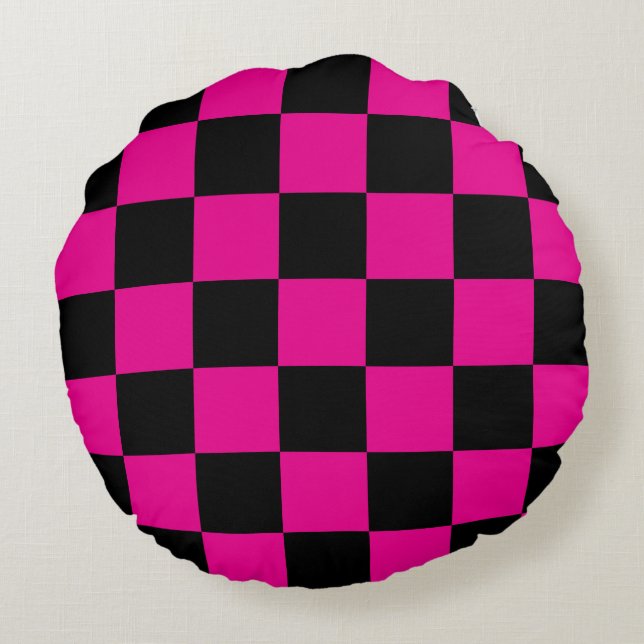 Hot Pink and Black Checkered Round Pillow (Back)