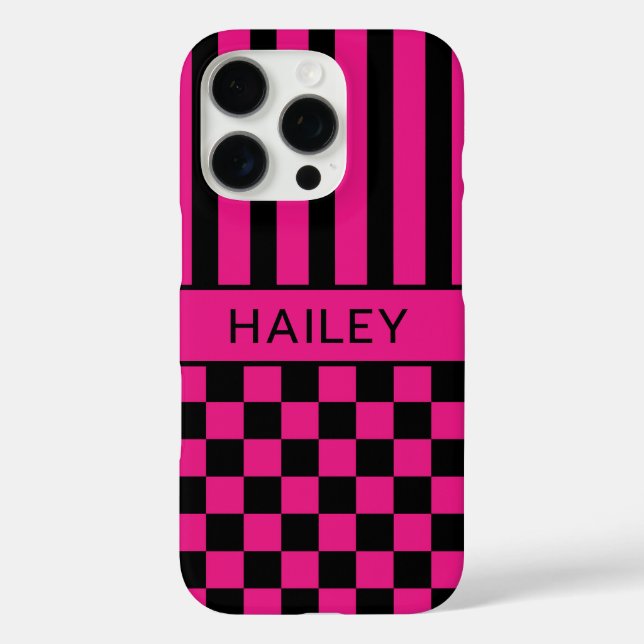 Hot Pink and Black Checkered Striped Personalized Case-Mate iPhone Case (Back)