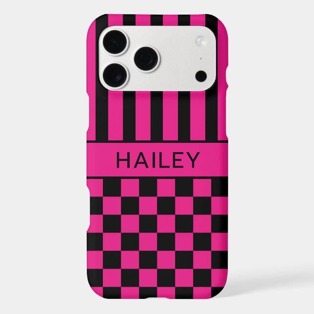 Hot Pink and Black Checkered Striped Personalized Case-Mate iPhone Case (Back)