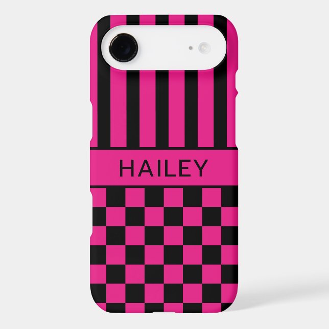 Hot Pink and Black Checkered Striped Personalized Case-Mate iPhone Case (Back)