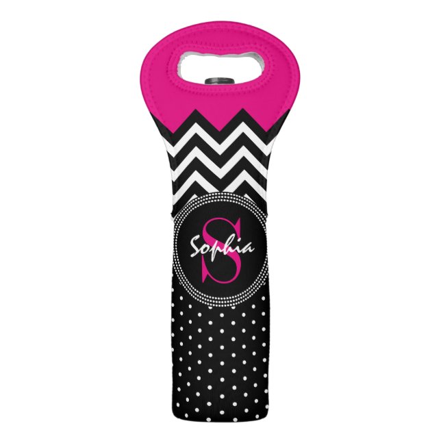 Hot Pink and Black Chevron Add Your Monogram Wine Bag (Front)