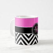 Hot Pink and Black Chevron Monogram Coffee Mug (Front Left)